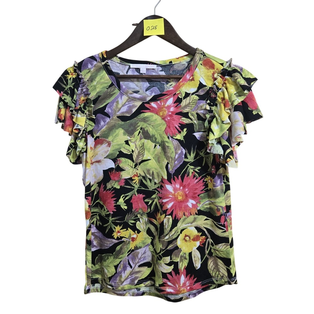 Stella + Ginger Women's Womens Blouse Sz LG Floral Print Ruffle Short Sleeve